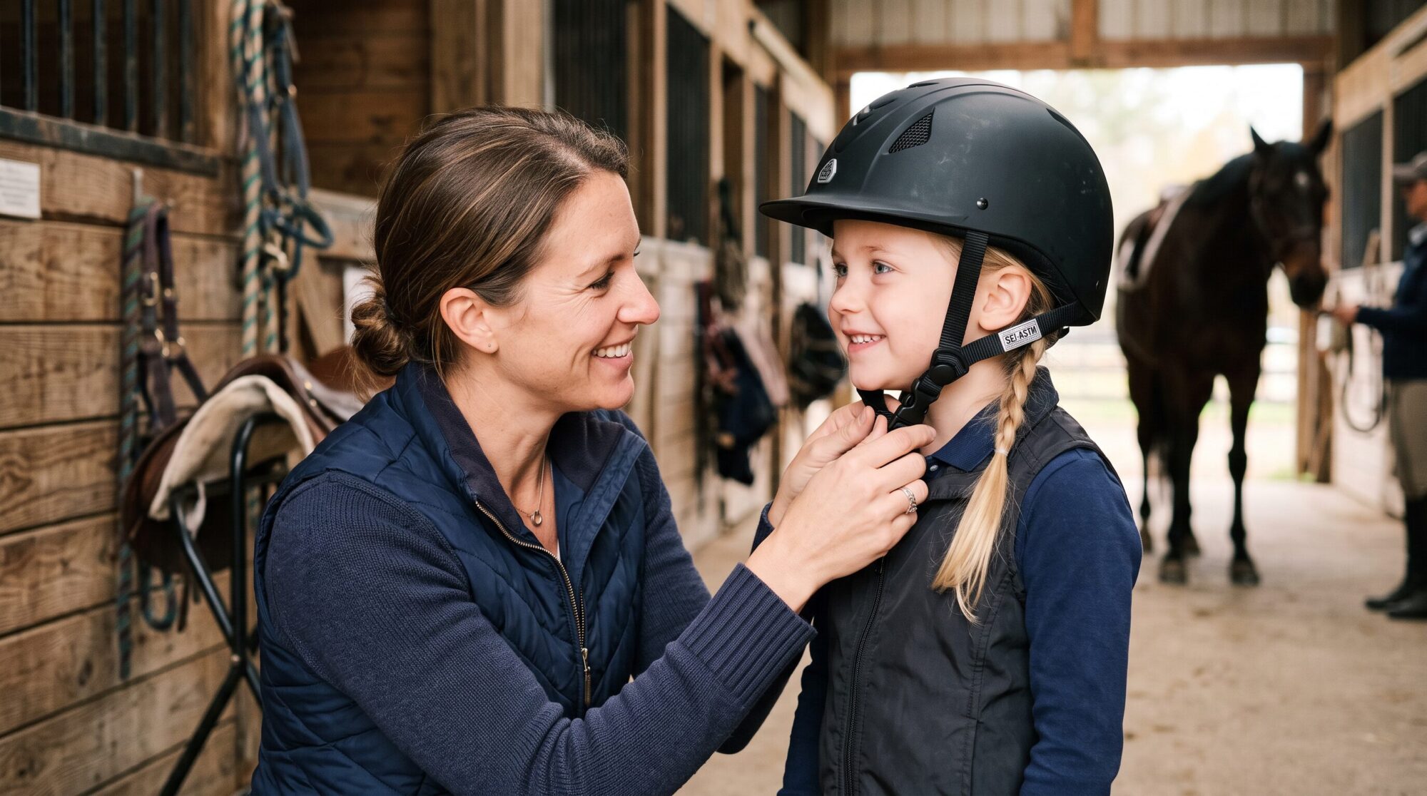 Barn mom helping her daughter fasten a certified riding helmet before a riding lesson