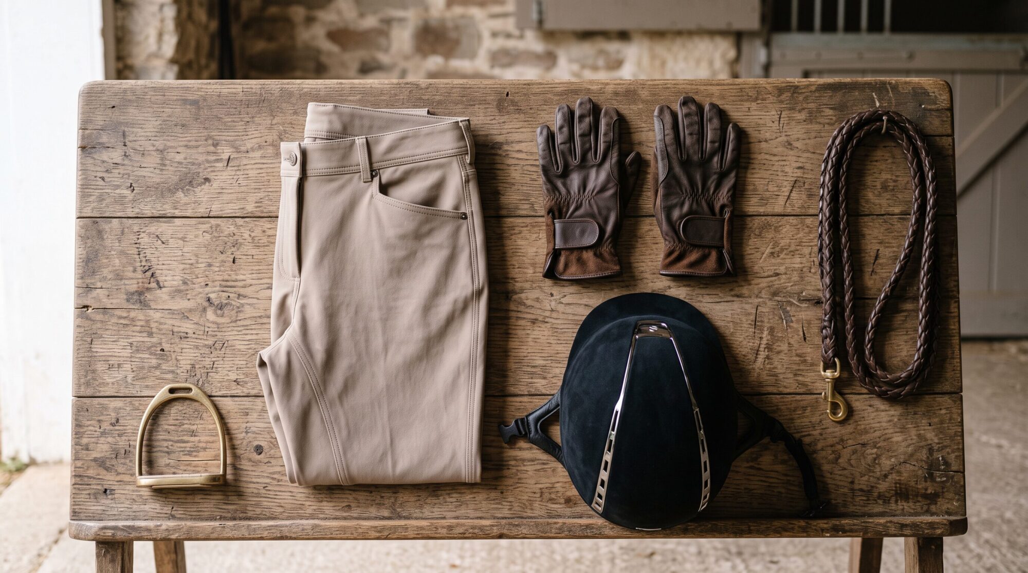 Overhead flat lay of neutral riding breeches, leather riding gloves, and a helmet on a wooden barn bench