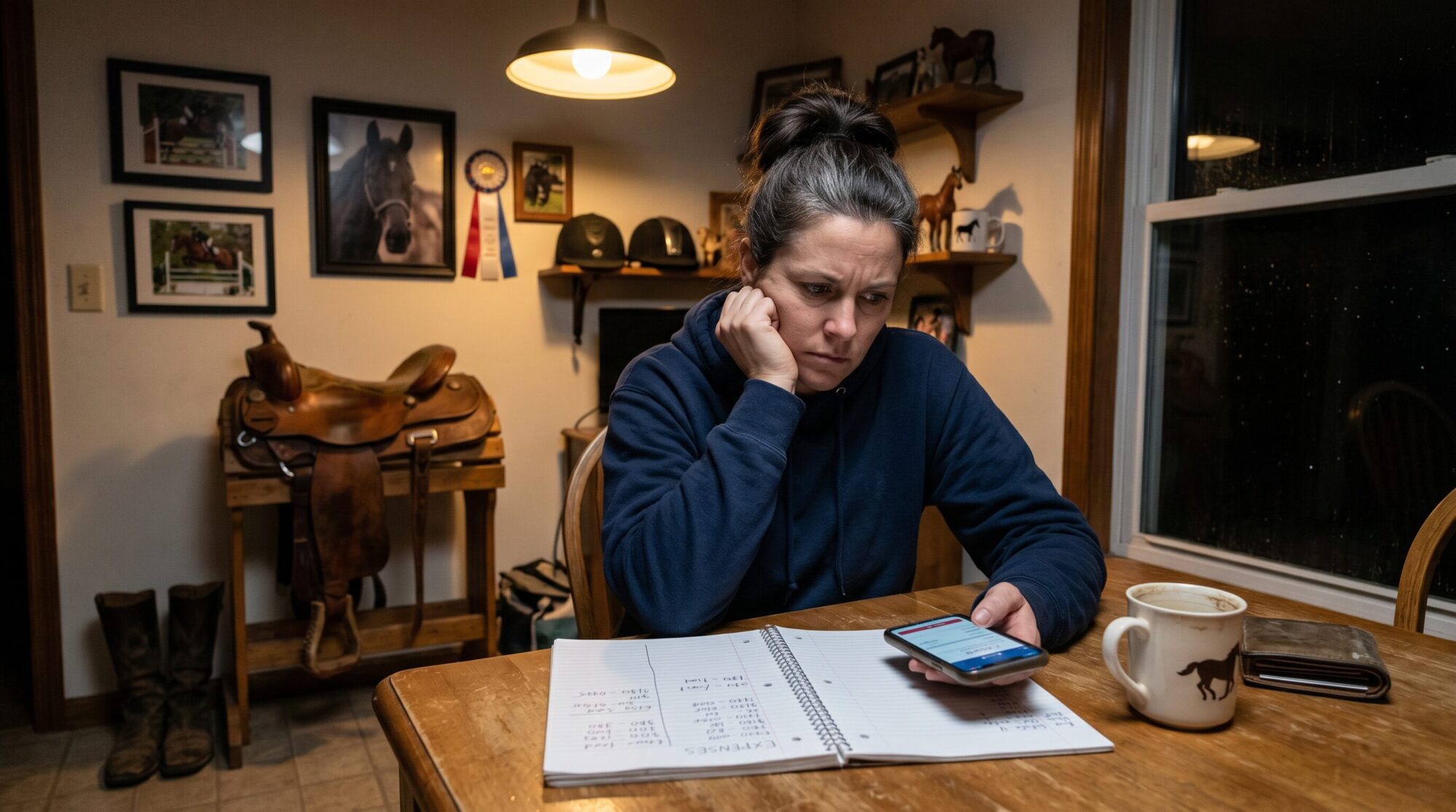 Woman at kitchen table at night looking at notebook with worried but determined expression, horse items in background