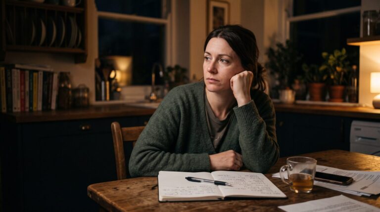 Tired barn mom sitting at the kitchen table late at night making a horse care to-do list