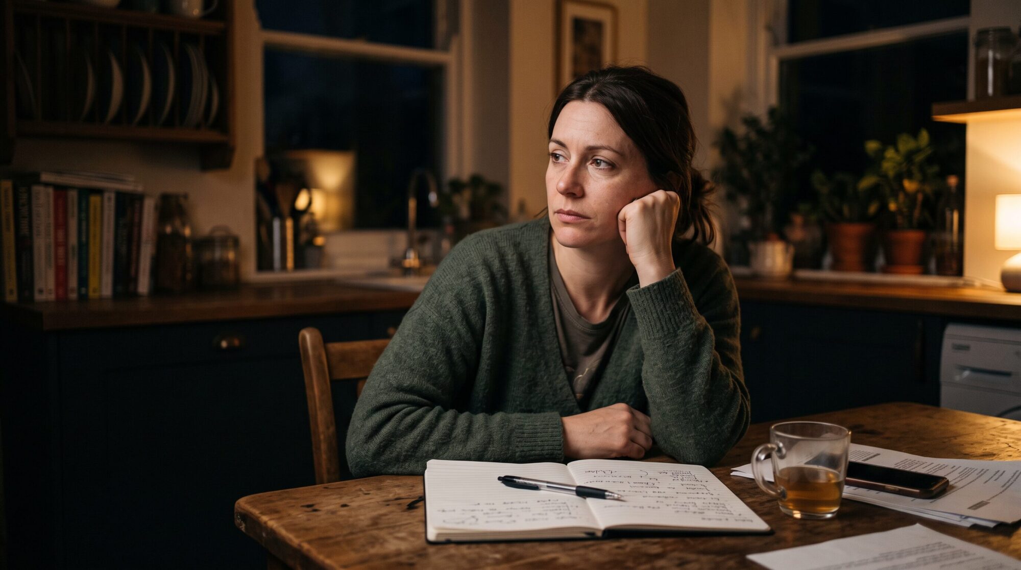 Tired barn mom sitting at the kitchen table late at night making a horse care to-do list