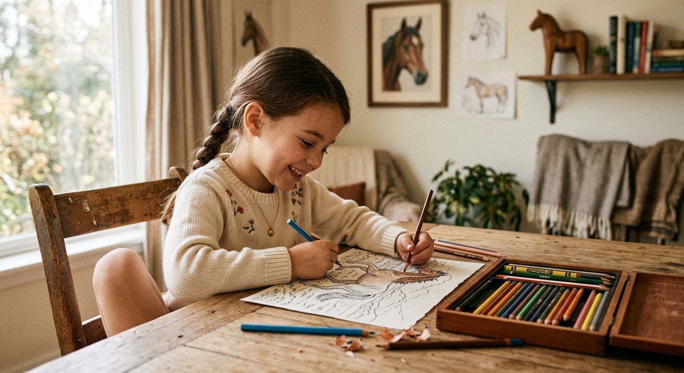 Girl coloring horse drawings at a table with colored pencils