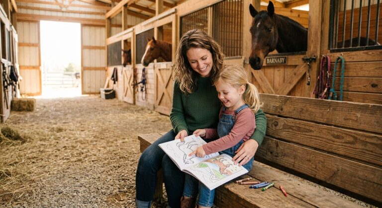 Mom and daughter looking at horse coloring book together in the barn
