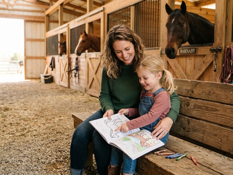 Mom and daughter looking at horse coloring book together in the barn