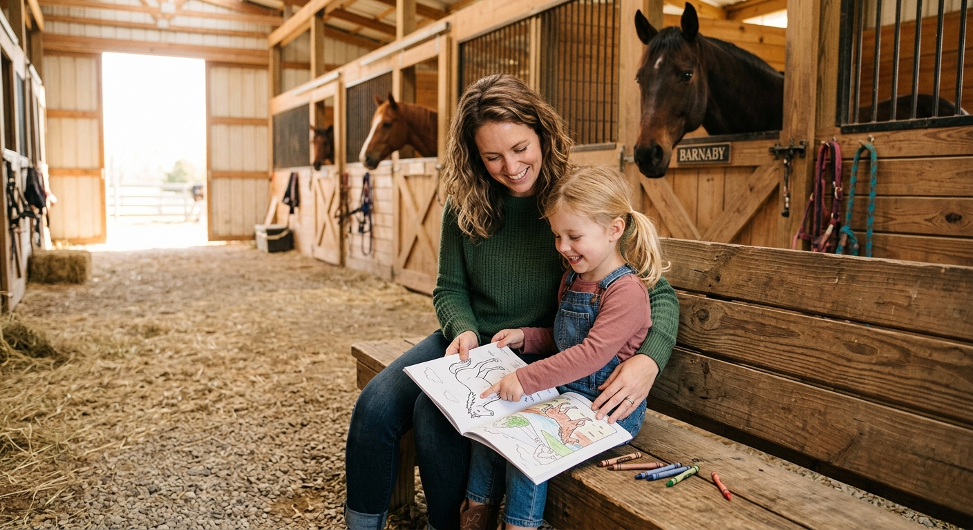 Mom and daughter looking at horse coloring book together in the barn