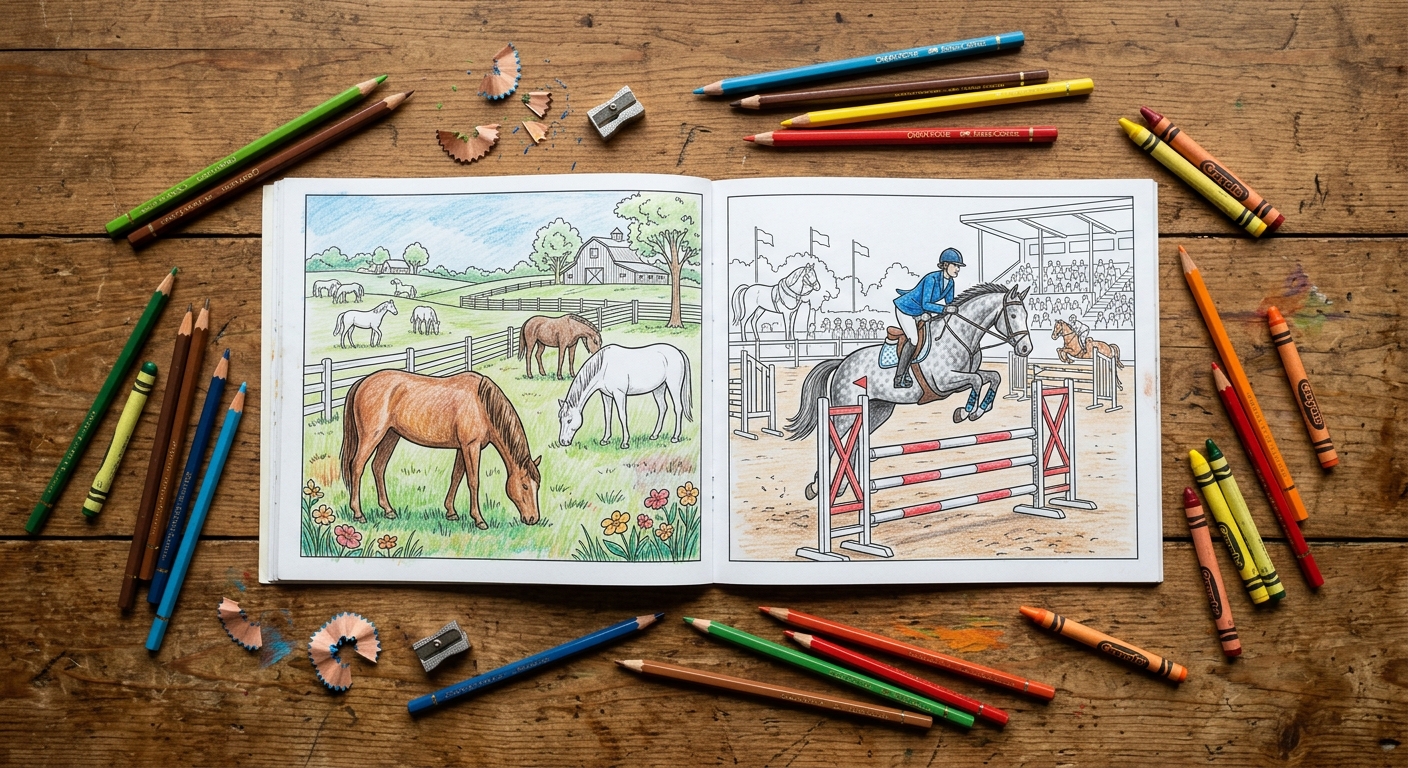 Open horse coloring book pages with colored pencils scattered around