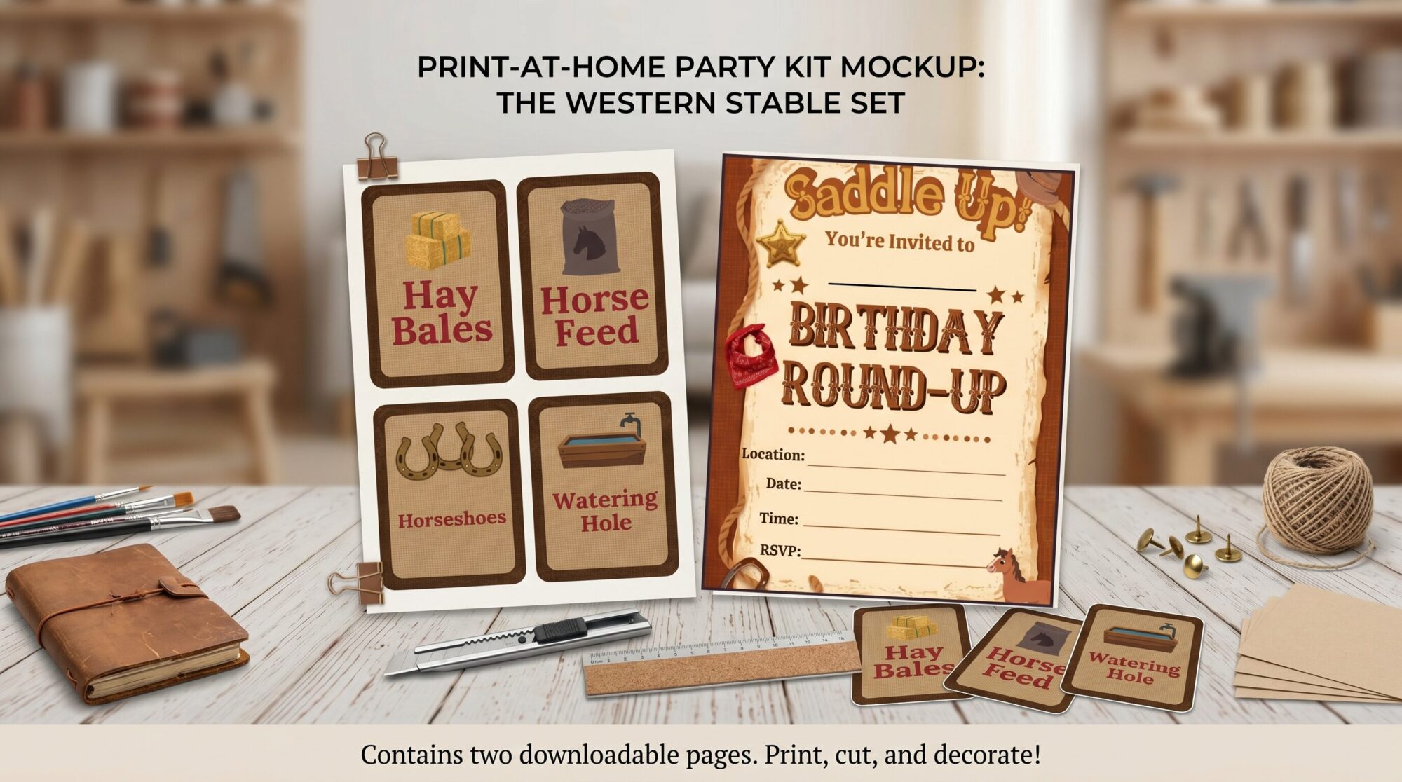 Cowboy birthday party printable bundle kit all pieces