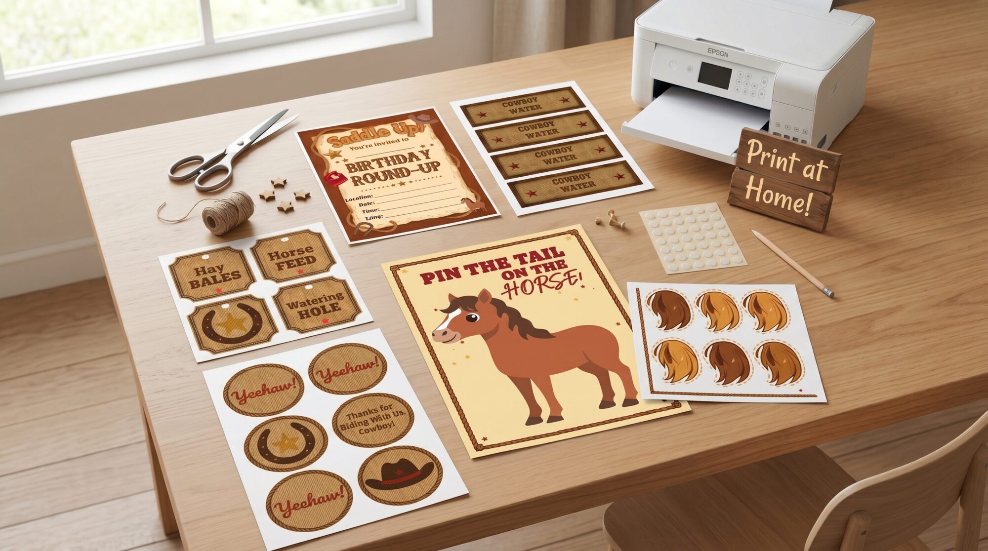 Cowboy birthday party invitation and food tent cards printables flat lay