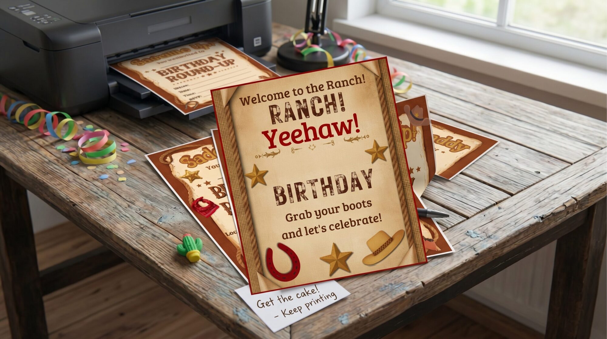 Western cowboy birthday party printables laid out on a table with a printer