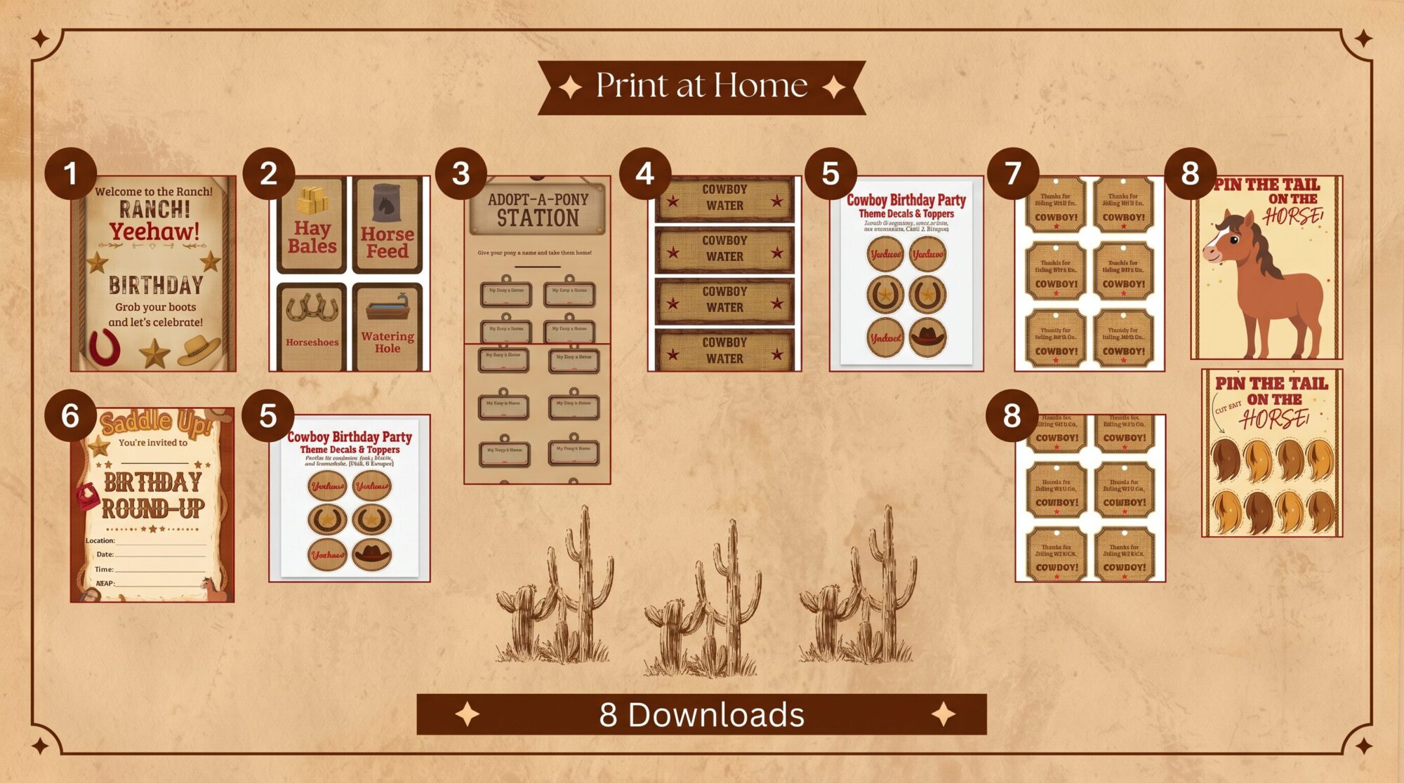 Cowboy birthday party printable bundle 8 pieces overview