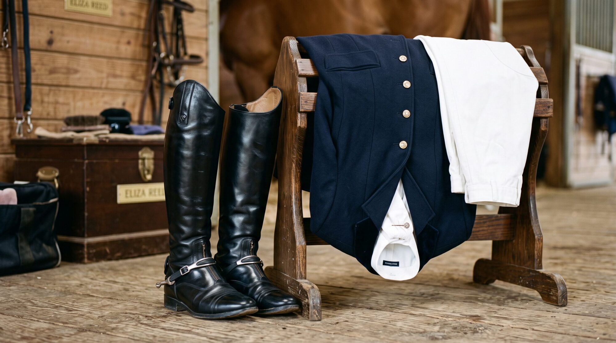 Close-up of tall show boots and white breeches next to a hunt coat laid out before a horse show