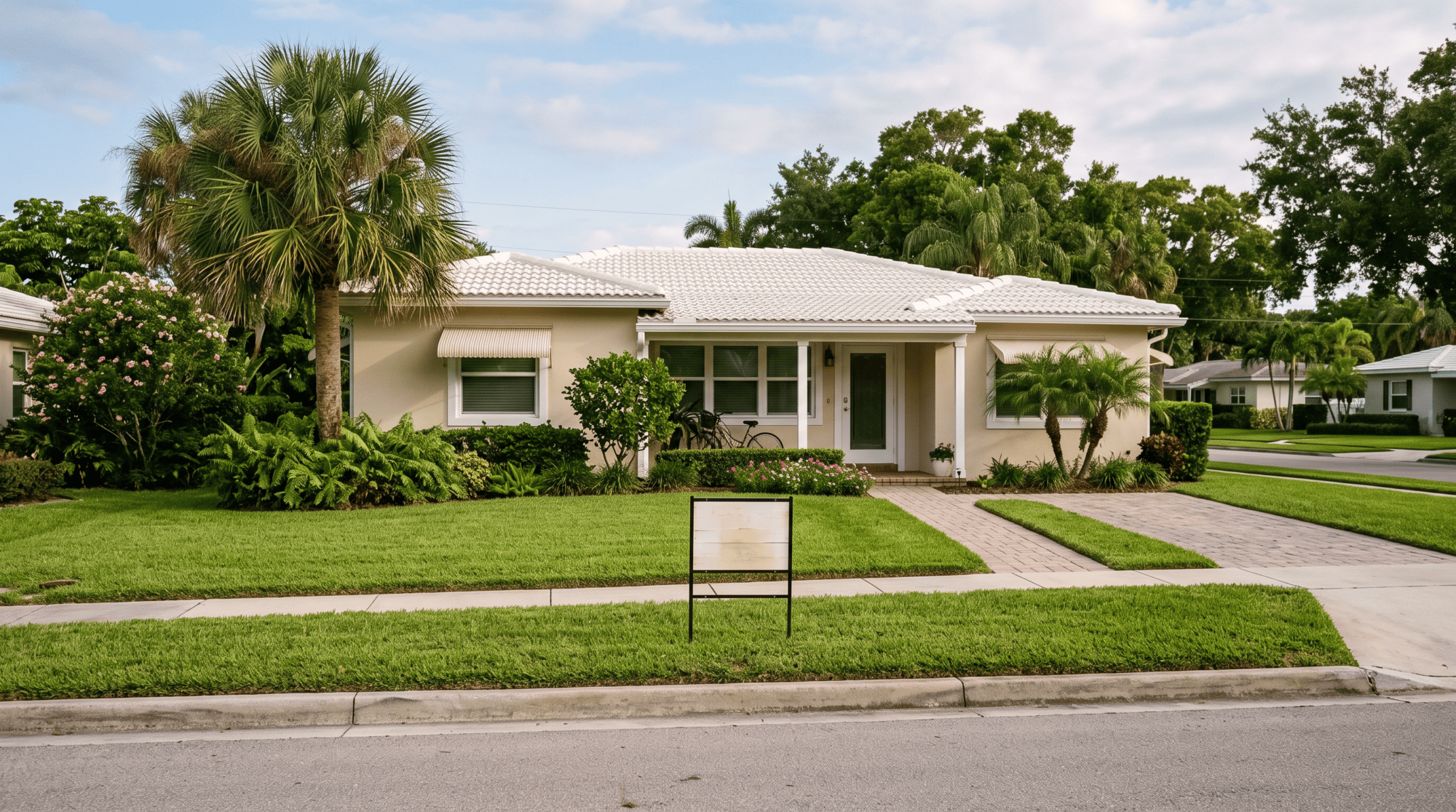 A For Sale sign in front of a well-maintained Florida home