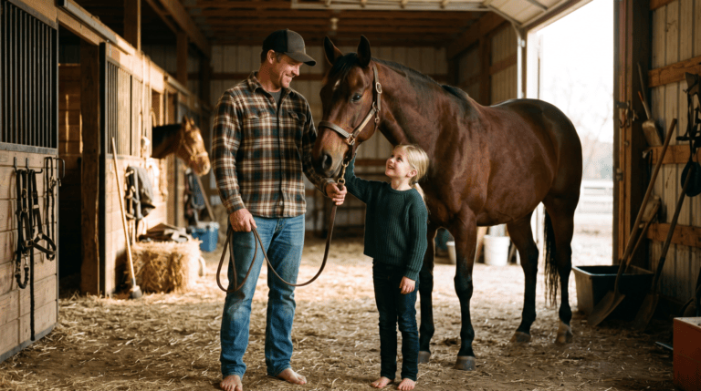 A dad holding the lead rope of a horse while his daughter stands beside him at a barn