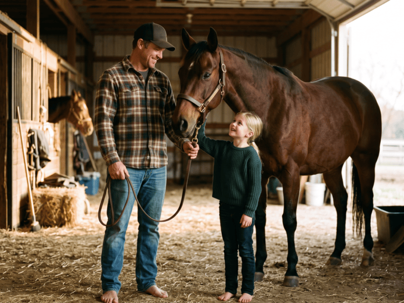 A dad holding the lead rope of a horse while his daughter stands beside him at a barn