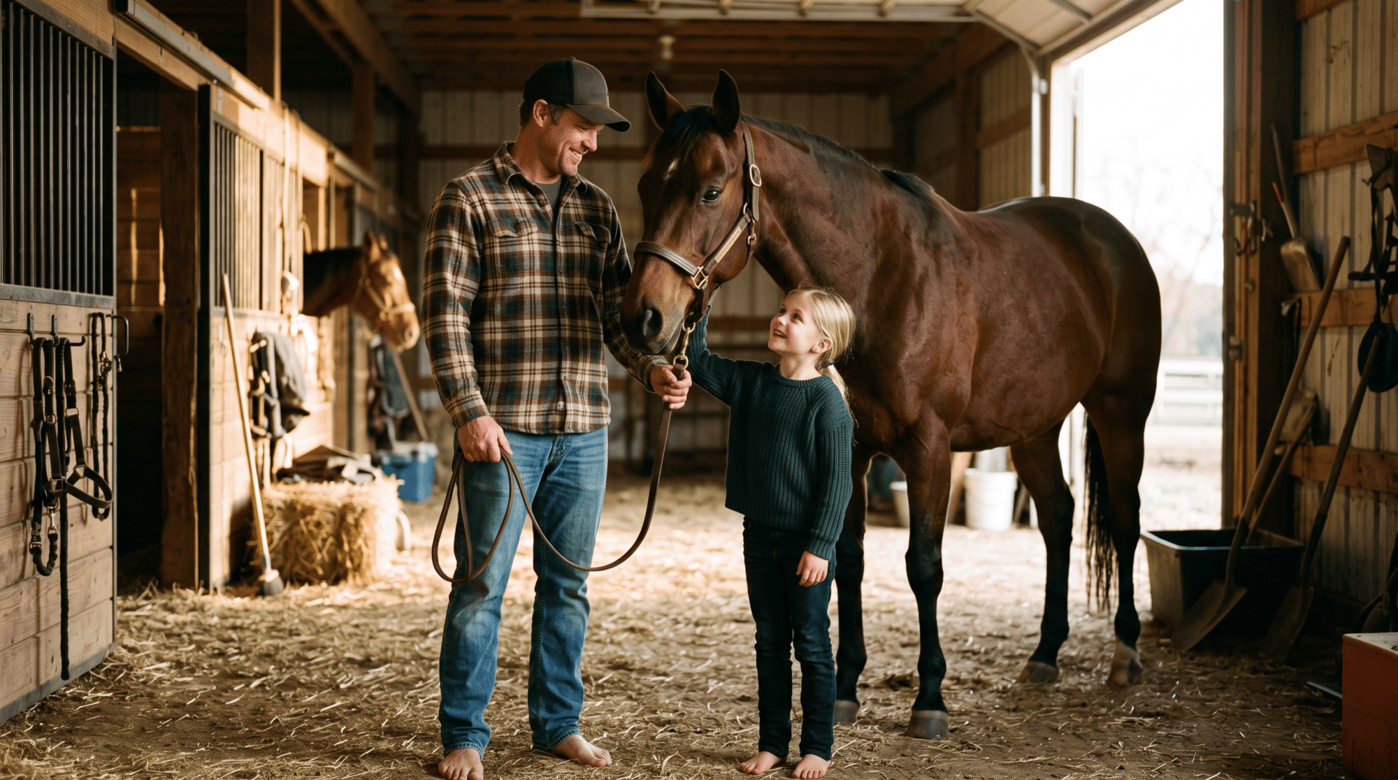 A dad holding the lead rope of a horse while his daughter stands beside him at a barn