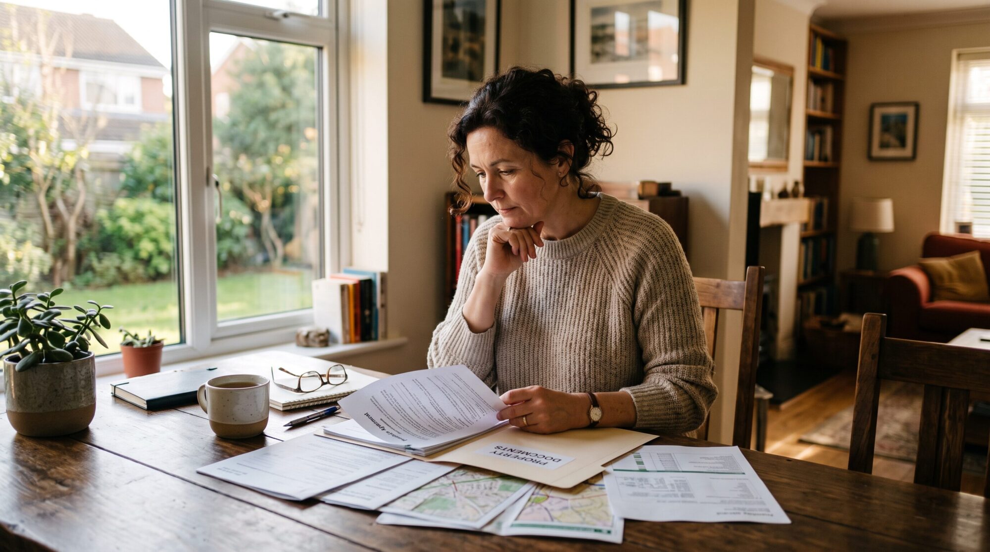 Homeowner sitting at a table looking thoughtfully at paperwork