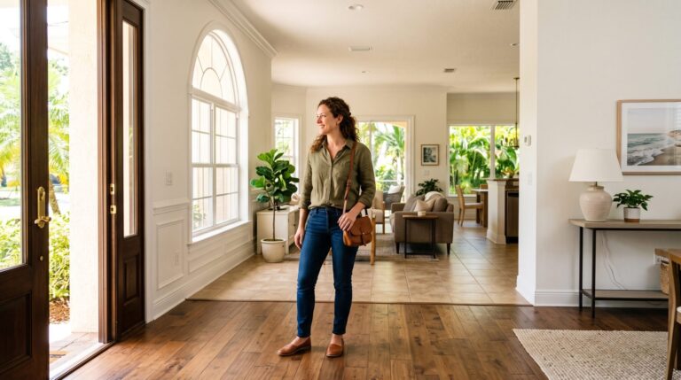 Prospective homebuyer standing in the bright entryway of a Florida home during a showing