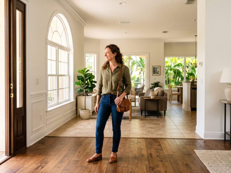 Prospective homebuyer standing in the bright entryway of a Florida home during a showing