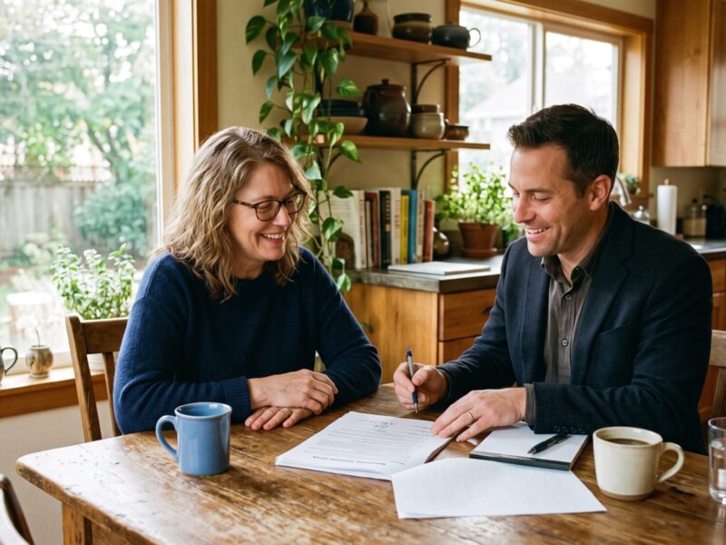 Real estate agent and homeowner reviewing a purchase offer together at a kitchen table