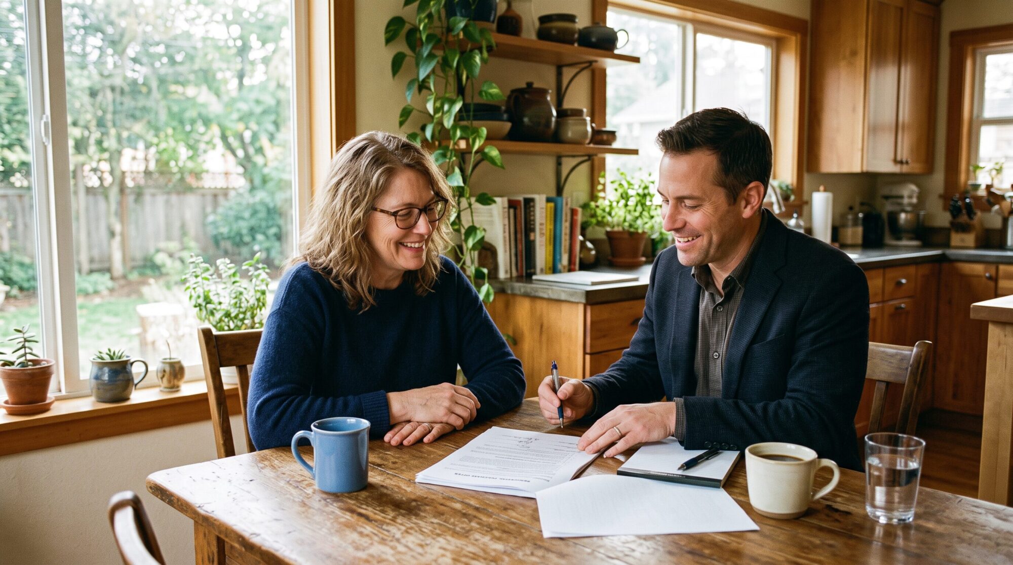 Real estate agent and homeowner reviewing a purchase offer together at a kitchen table