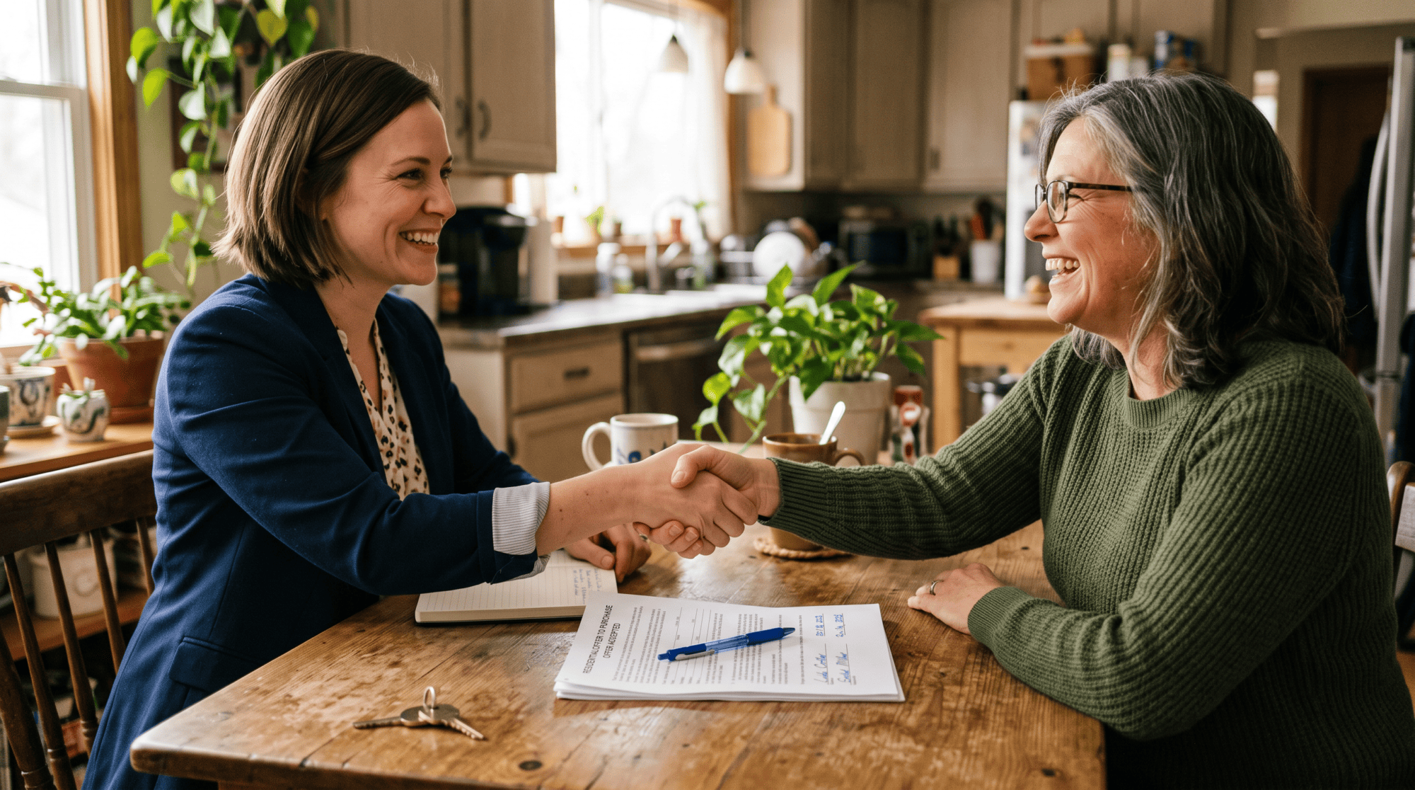 Real estate agent and homeowner shaking hands over a signed offer
