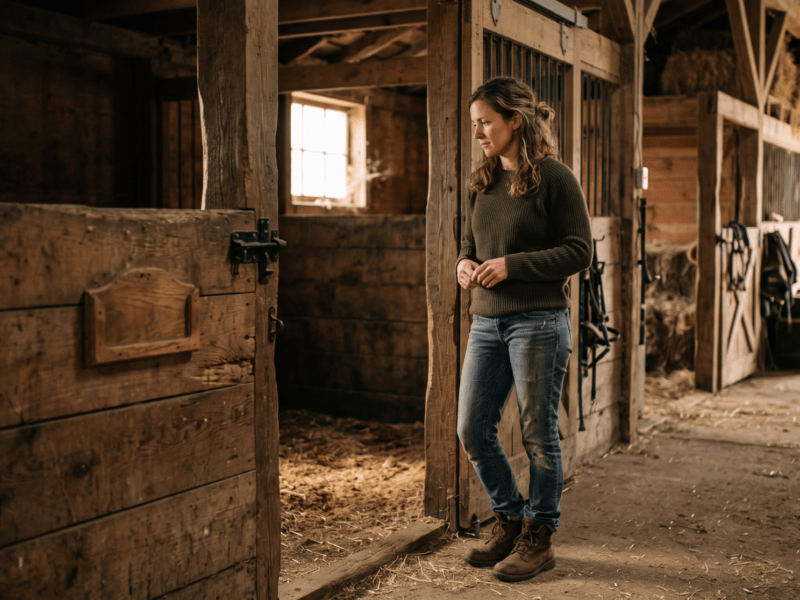 A woman standing quietly at an empty stall door in a barn