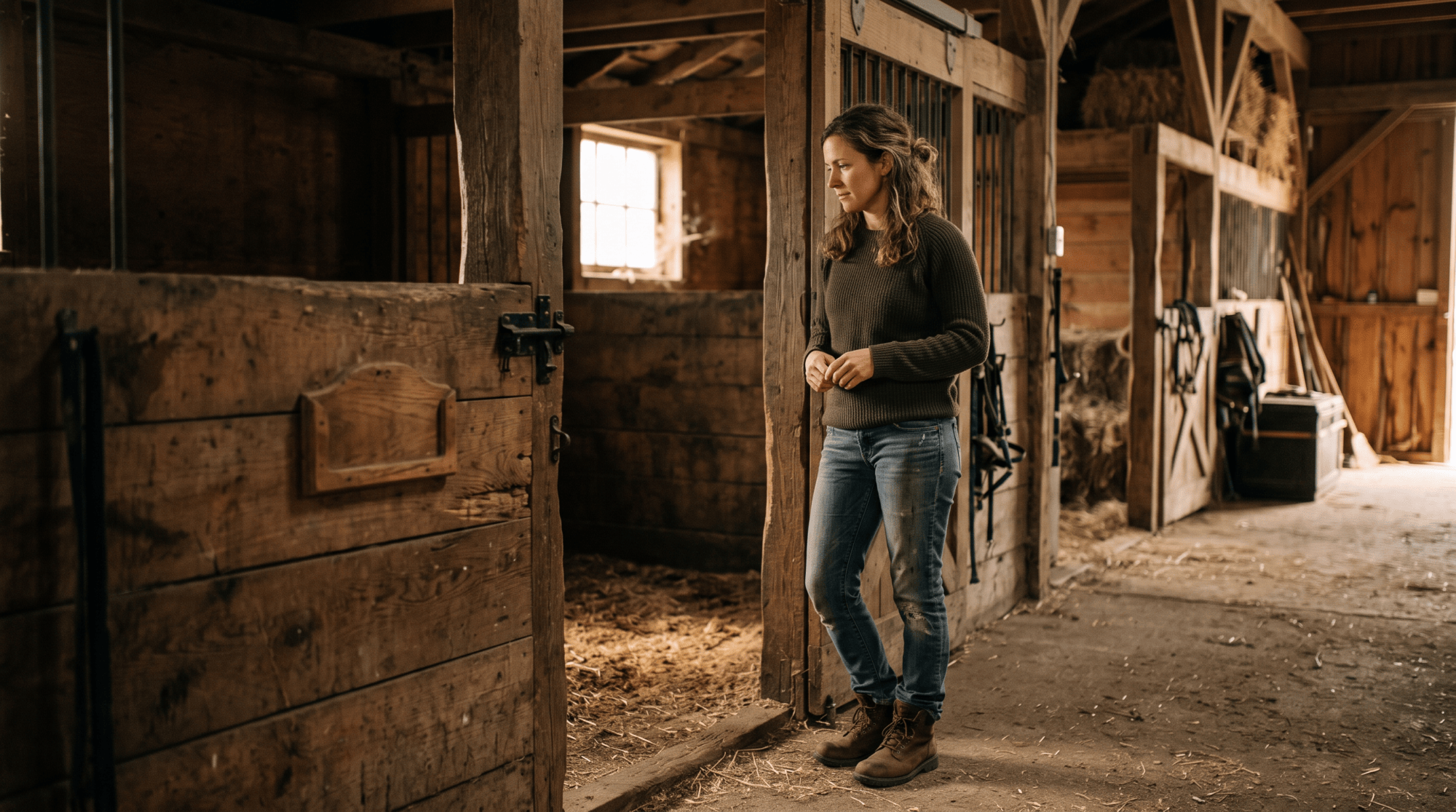 A woman standing quietly at an empty stall door in a barn