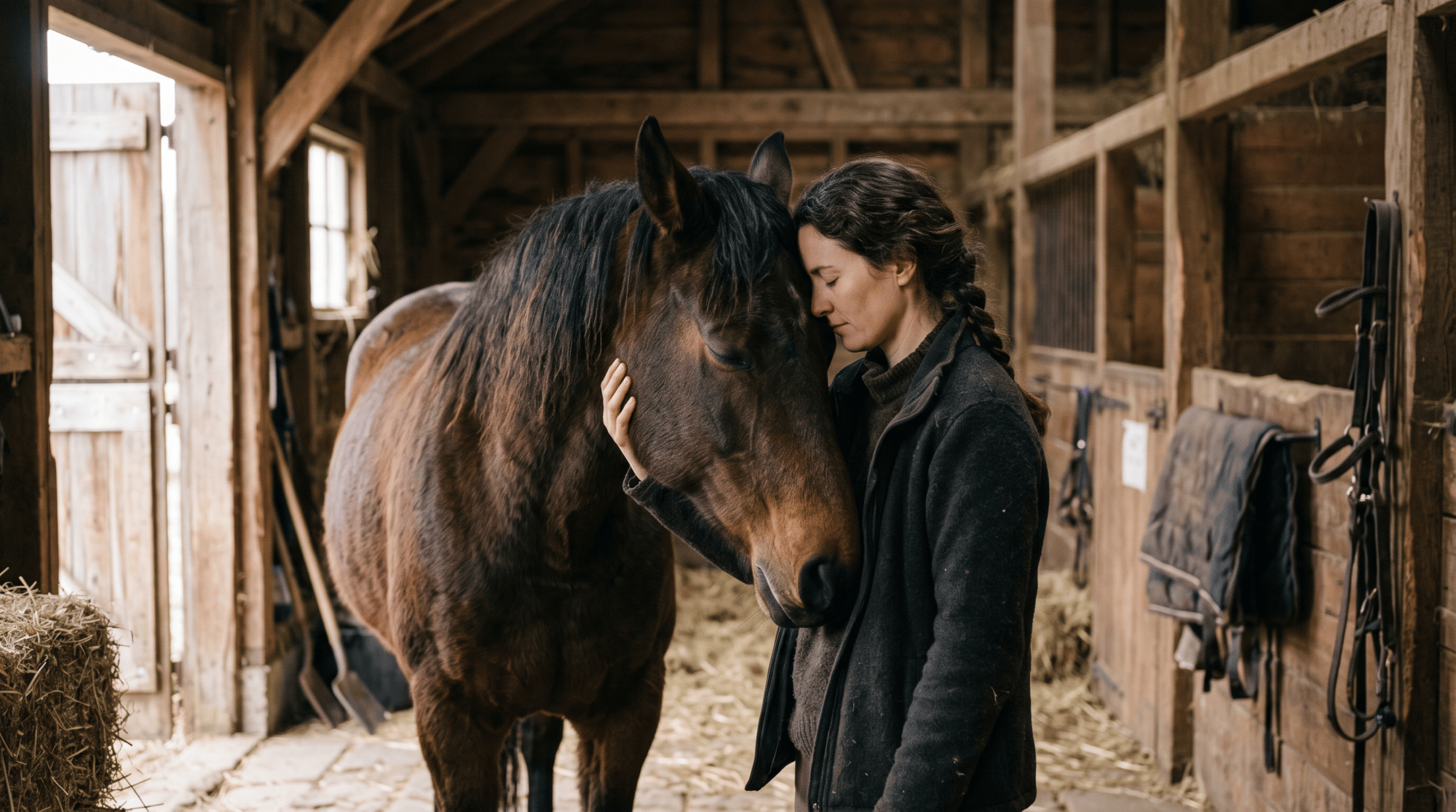 A woman resting her forehead against her horse's face, both with eyes closed, in a quiet embrace