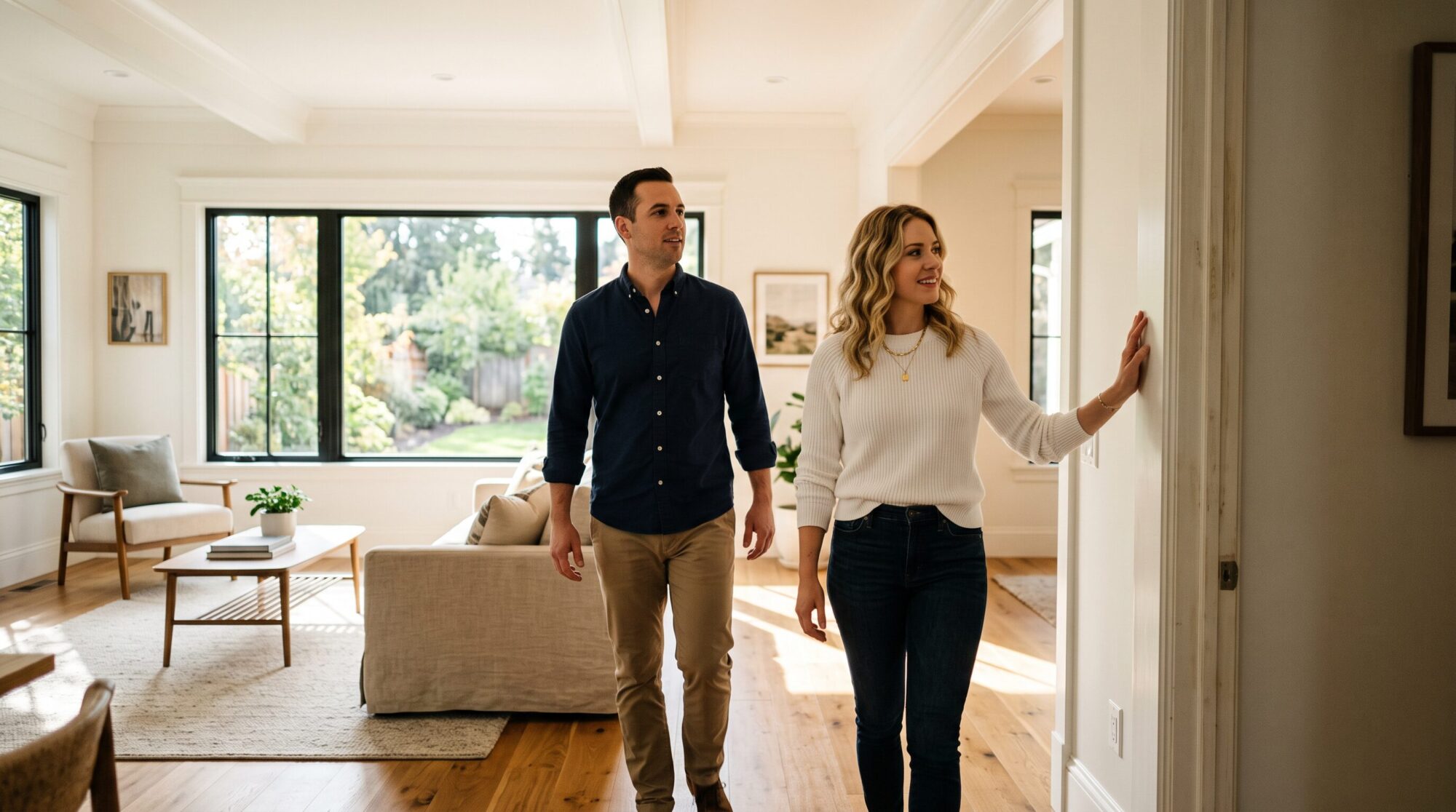Couple walking through a sunlit living room during a home showing