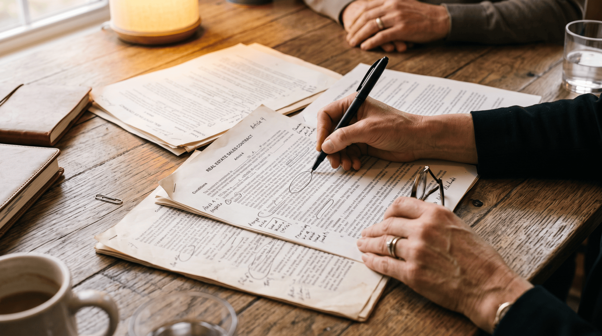 Close-up of hands reviewing a real estate contract with a pen