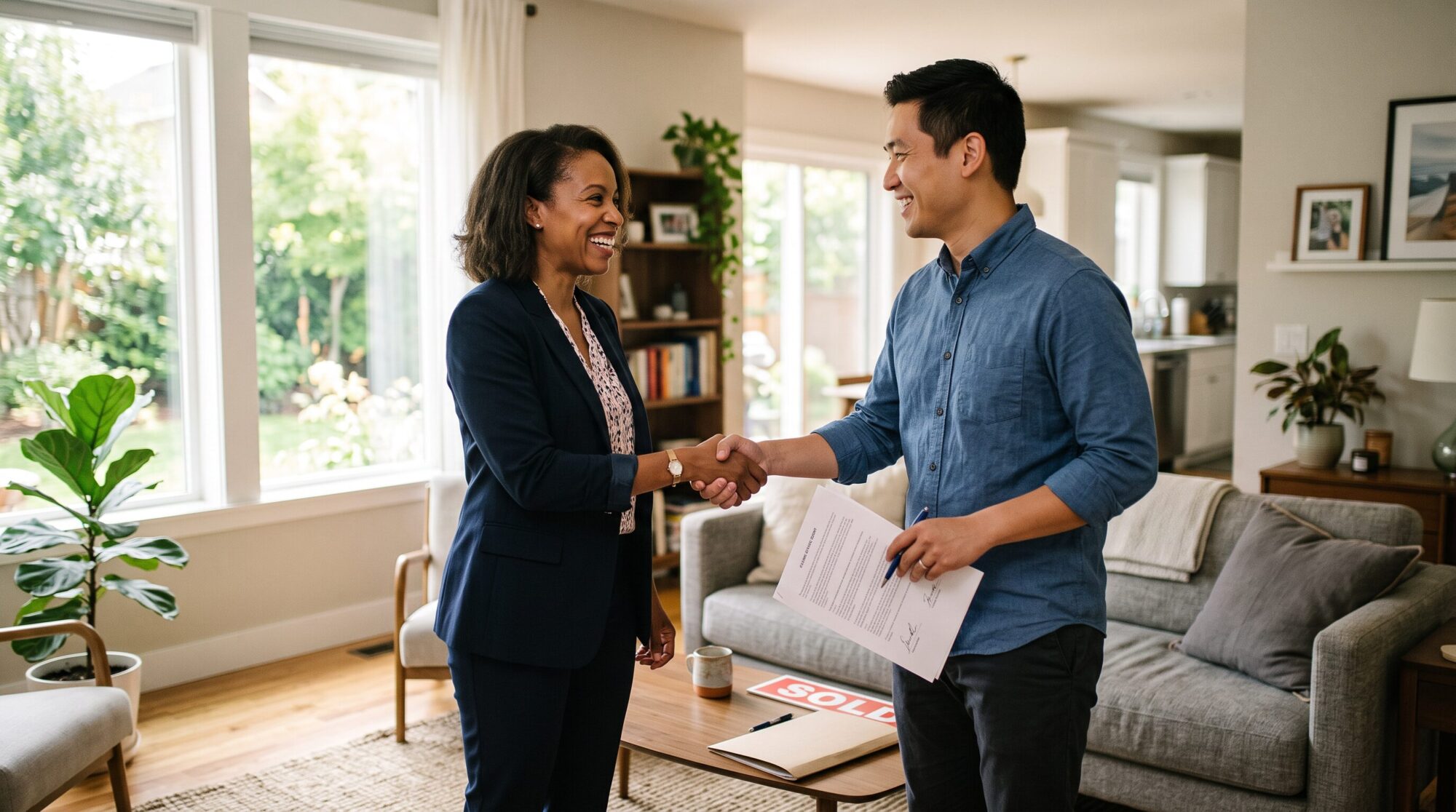 Real estate agent and client shaking hands in a bright home living room