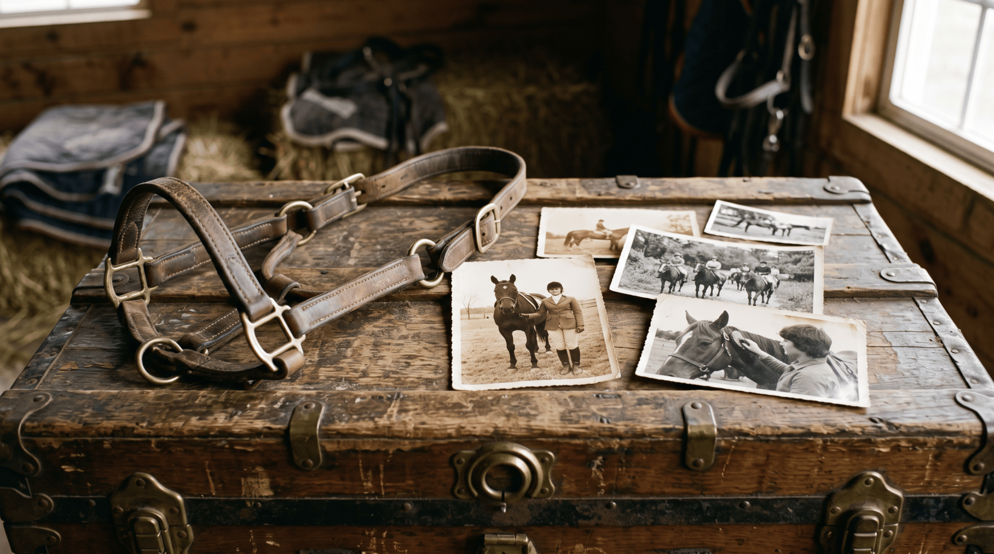 A halter and old photographs laid out on a wooden tack trunk
