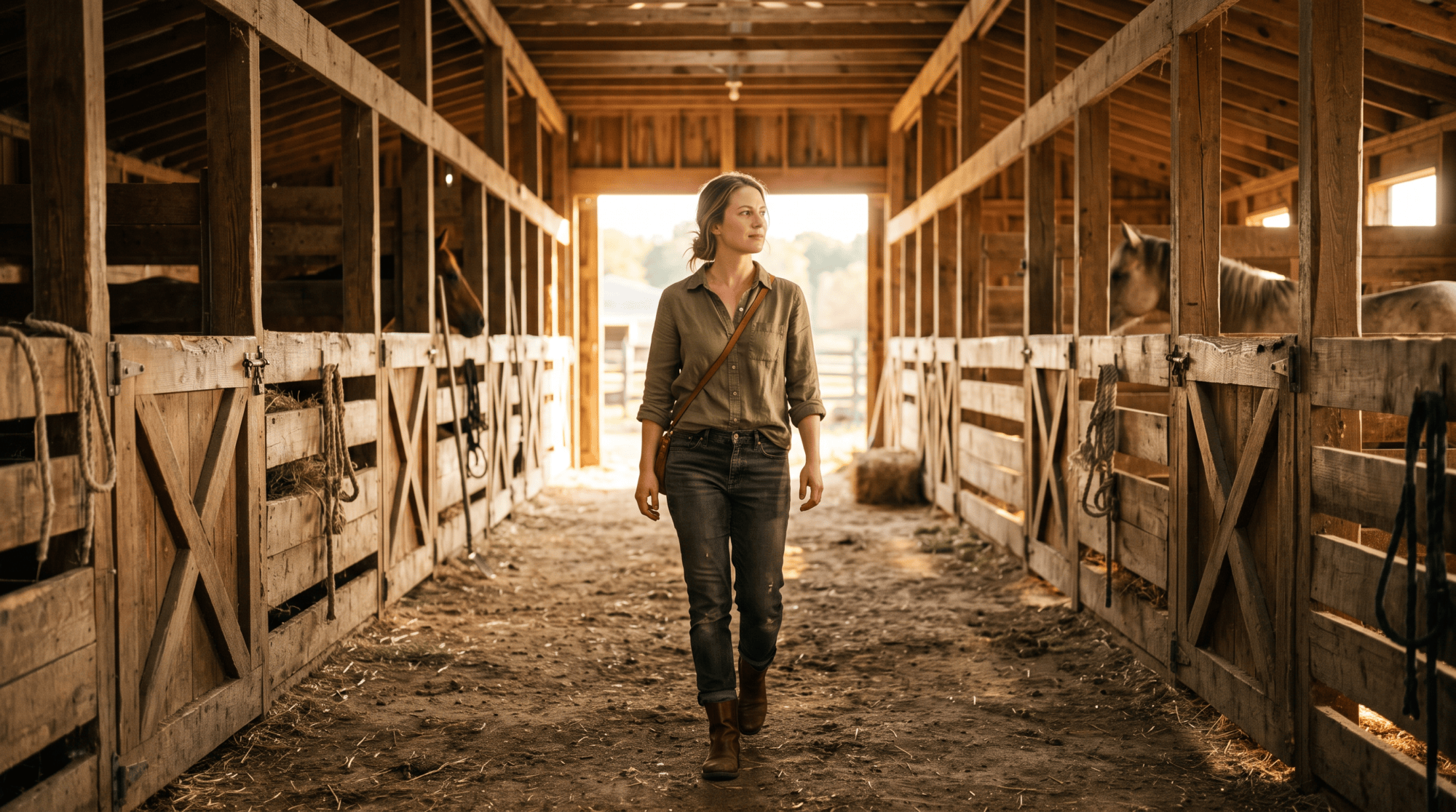 A woman walking down a sunlit barn aisle at golden hour