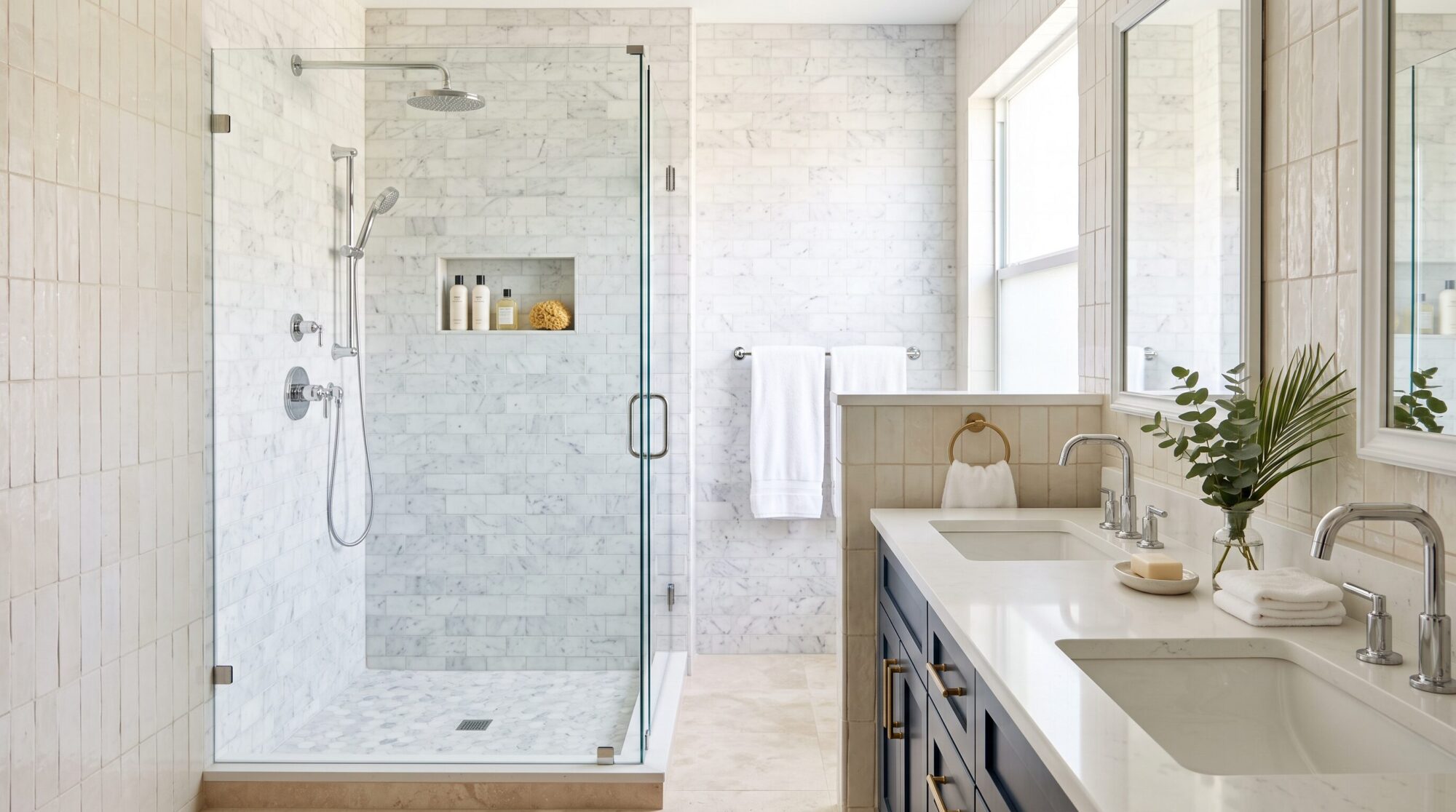 Clean, well-lit primary bathroom in a Florida home during a showing