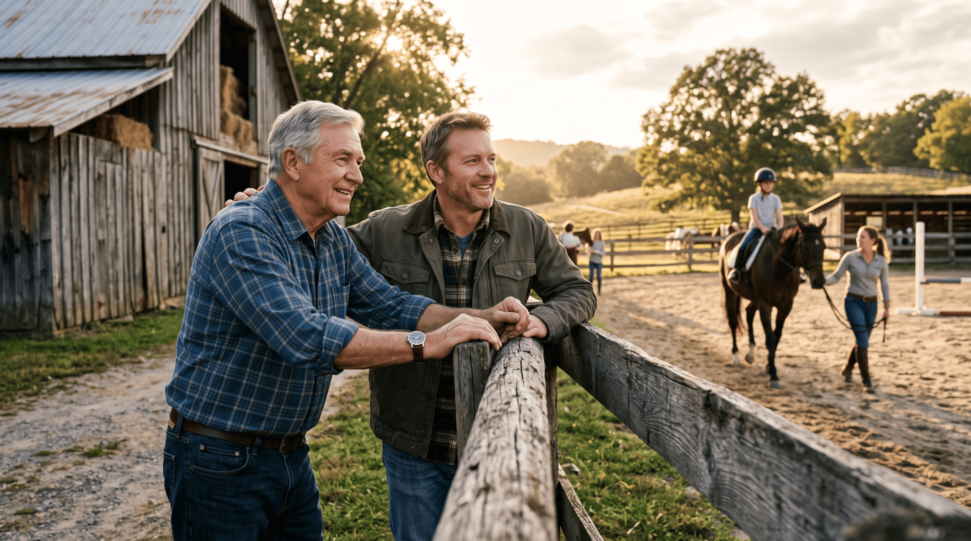 A grandfather and father standing together at a barn rail watching a riding lesson