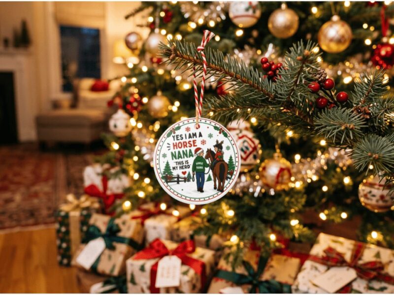 Horse-themed ceramic Christmas ornament hanging on a decorated tree with warm holiday lights behind it