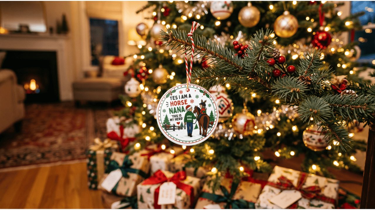 Horse-themed ceramic Christmas ornament hanging on a decorated tree with warm holiday lights behind it