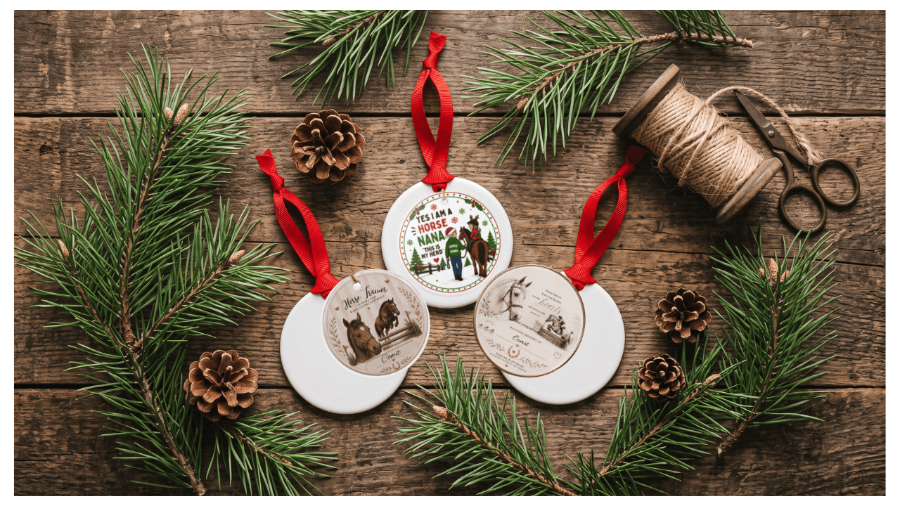 Ceramic horse Christmas ornaments for the horse dad, future barn dad, and horse grandpa in a family