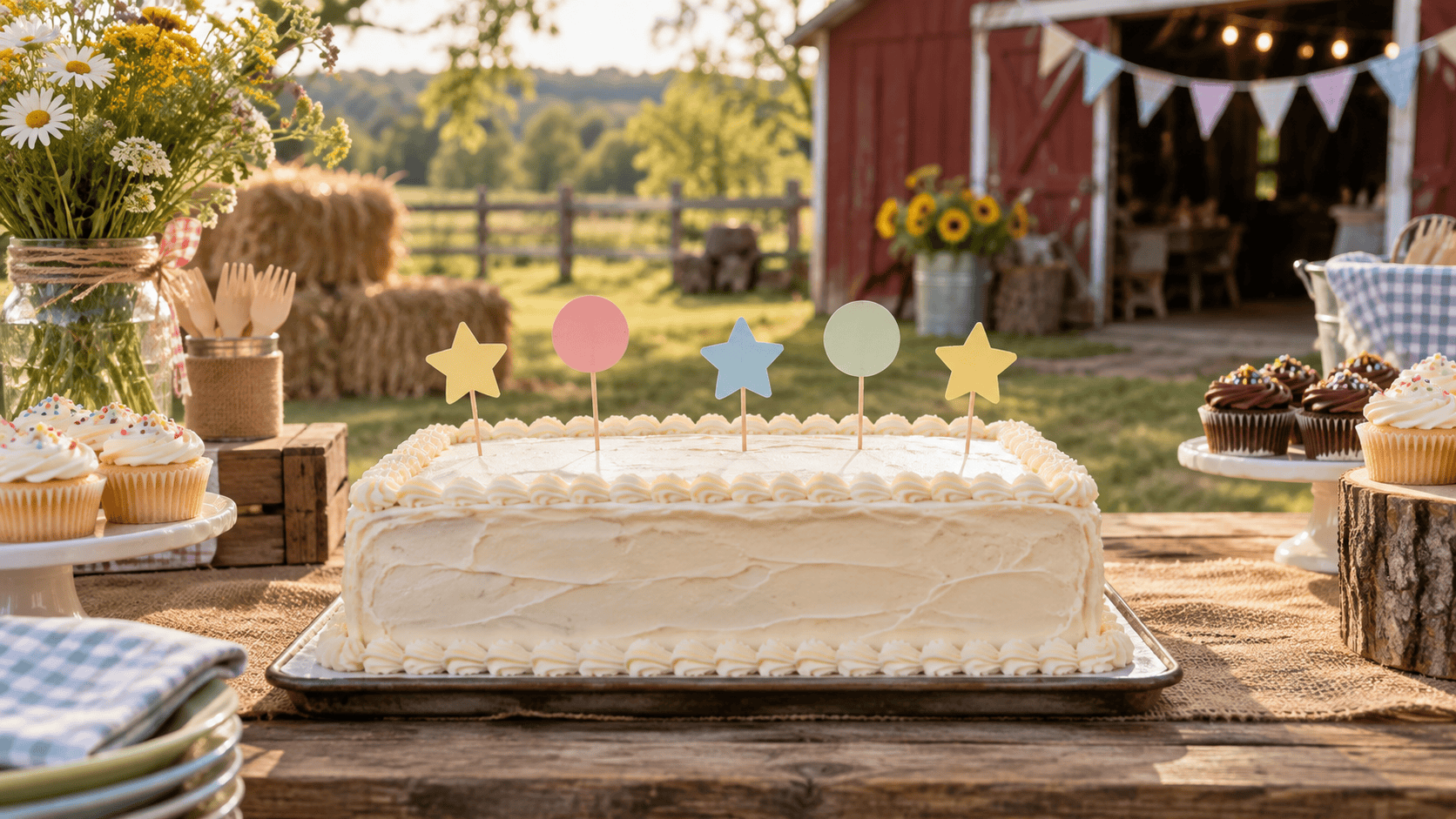 Simple frosted sheet cake with plain toppers on a wooden table at an outdoor barn birthday party