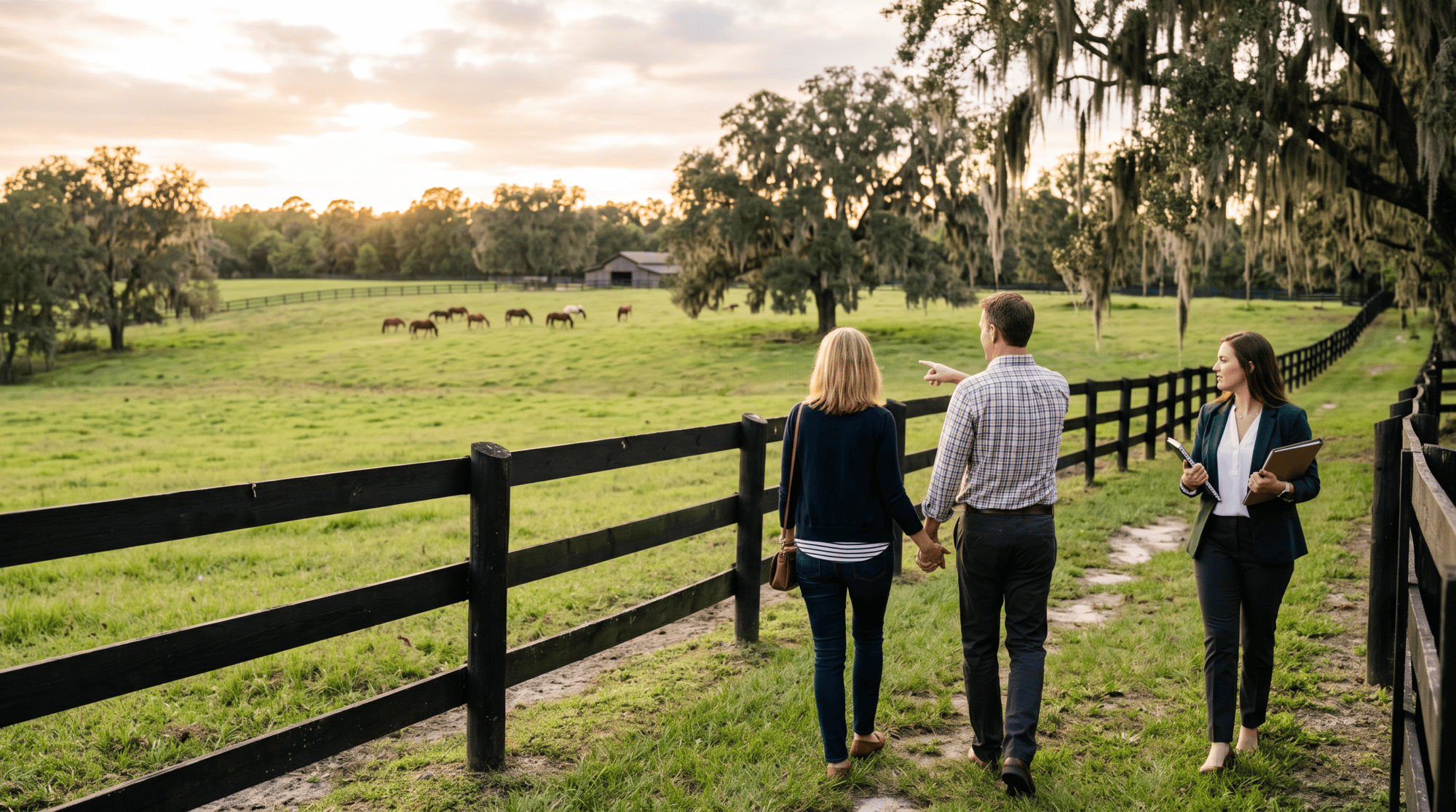 Couple touring a Marion County horse property with a Realtor along a black board fence, horses grazing in the pasture beyond