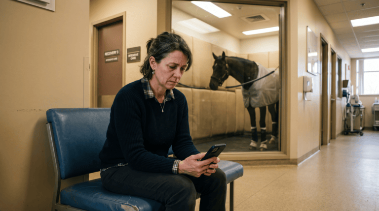 Worried horse mom sitting in an equine veterinary hospital hallway looking at her phone, a horse in a padded recovery stall behind her