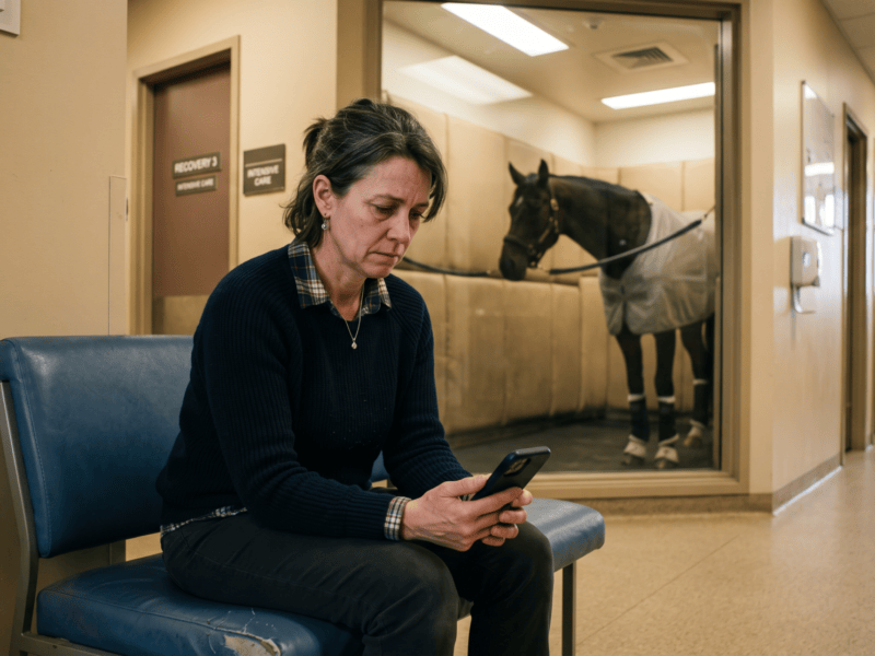 Worried horse mom sitting in an equine veterinary hospital hallway looking at her phone, a horse in a padded recovery stall behind her