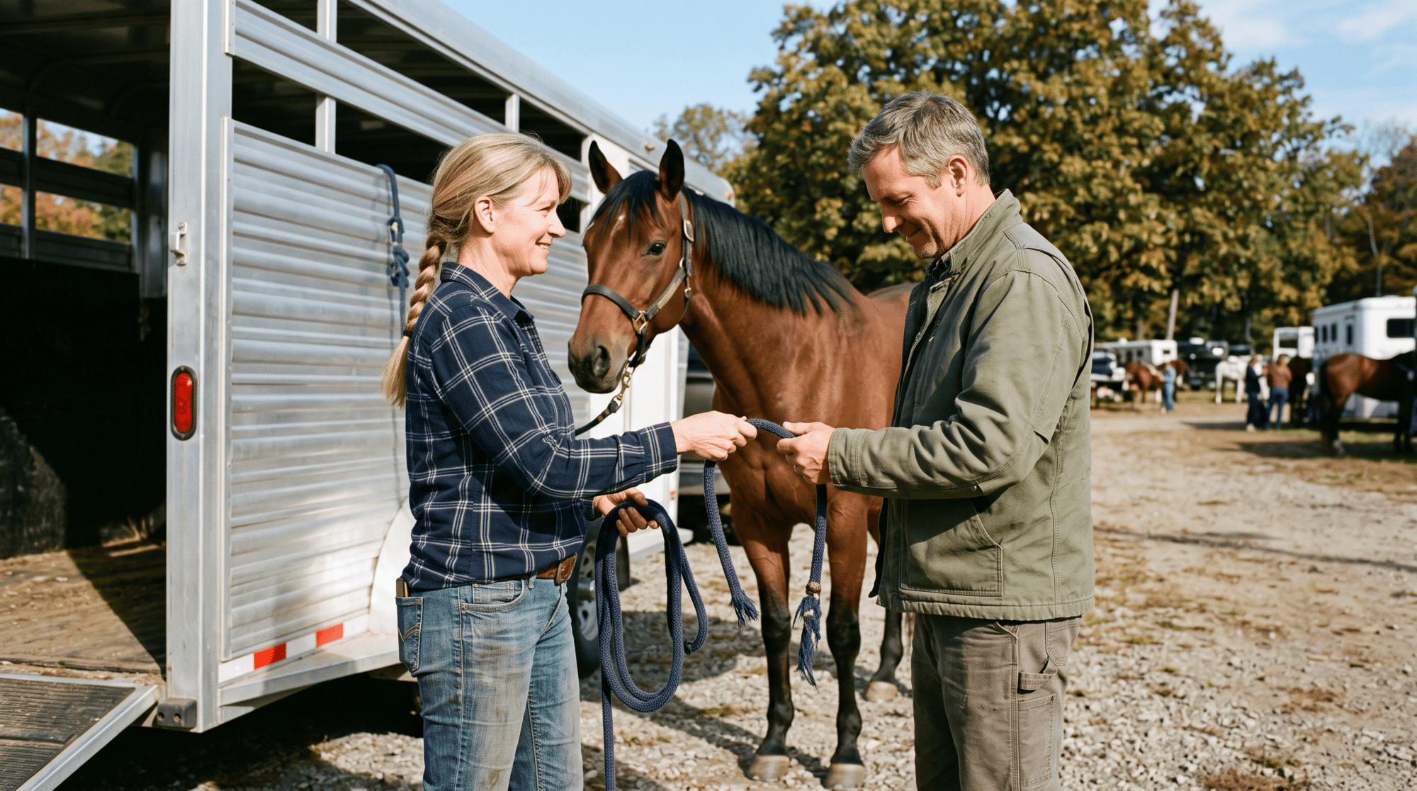 A person handing a lead rope to another person beside a horse trailer
