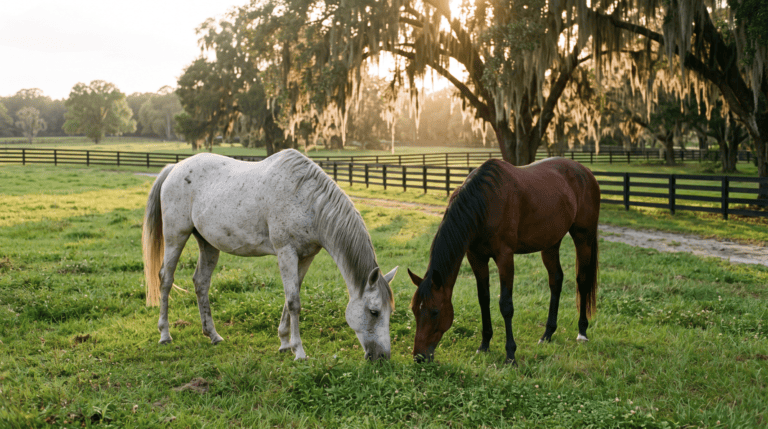 Senior grey horse grazing beside a younger bay horse in a green Florida pasture at golden hour, a retired horse enjoying company