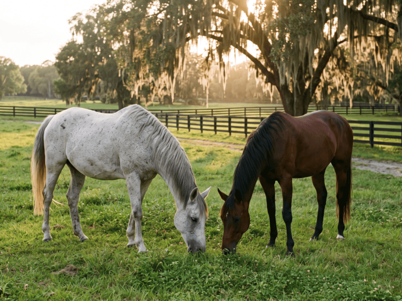 Senior grey horse grazing beside a younger bay horse in a green Florida pasture at golden hour, a retired horse enjoying company