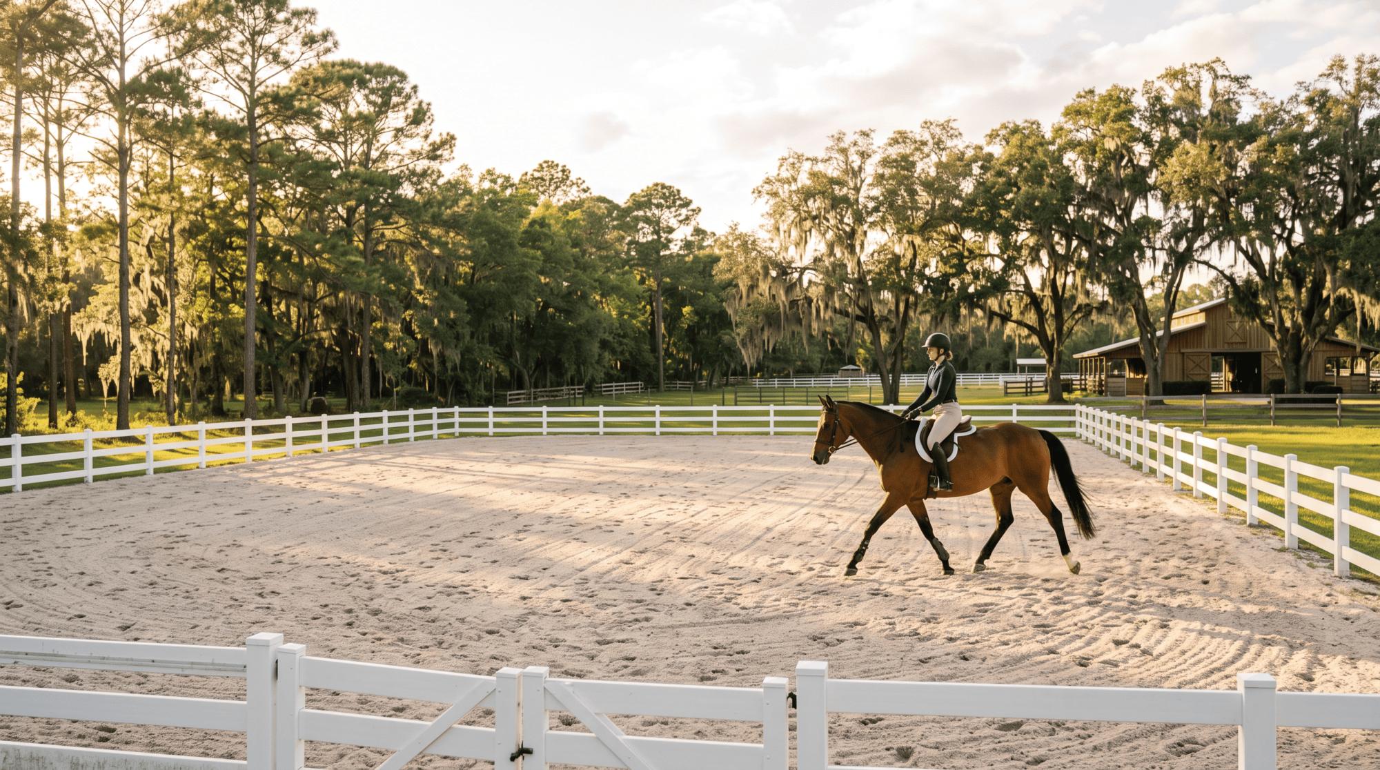 Rider on a bay horse in an outdoor sand riding arena with white fencing on a Central Florida horse property, live oaks and a barn in the background