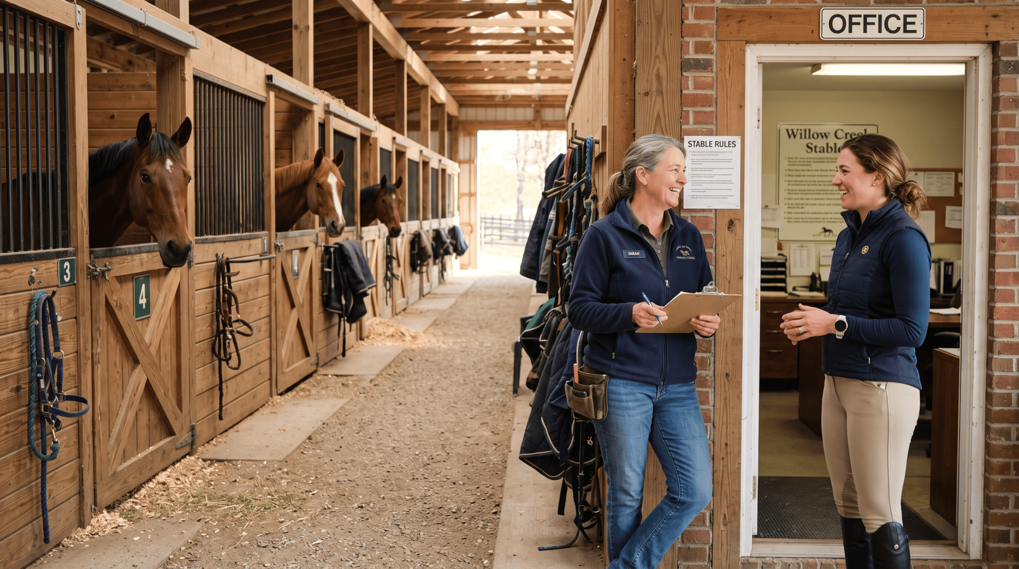 Horse owner talking with a barn manager at a boarding barn office door, horses looking out of their stalls in the aisle