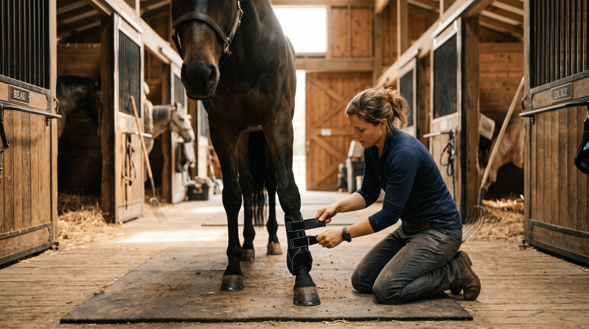 Woman kneeling in a barn aisle fastening a protective boot on a dark bay horse's front leg