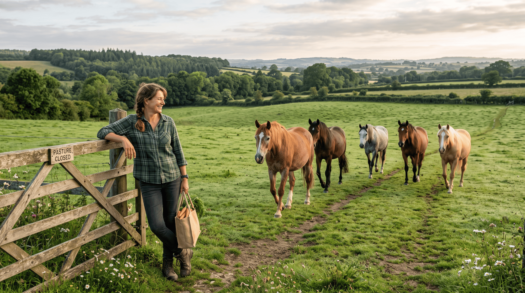 Woman leaning on a pasture gate with a bag of carrots as older retired horses walk toward her