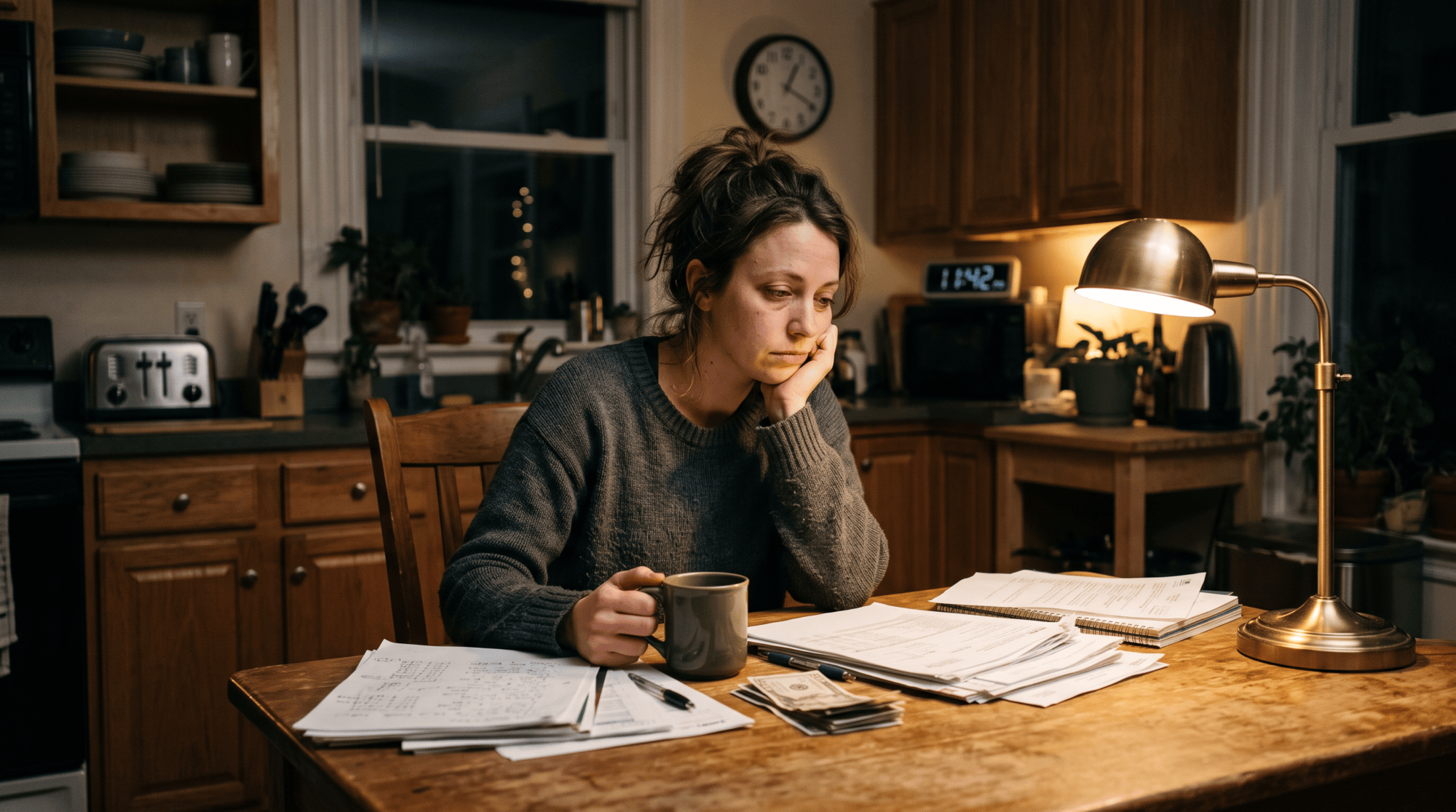 A woman sitting at a kitchen table late at night with paperwork and a coffee mug